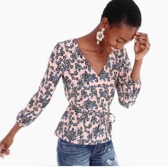 J. Crew Pink Blue Floral Faux Wrap Peplum Long Sleeve Blouse Top Size Small - Picture 11 of 11